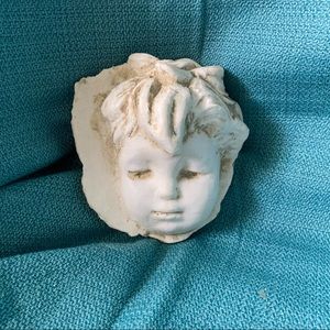 Vintage Hem Feathers Rustic Hand Cast Cherub Face Wall Decor